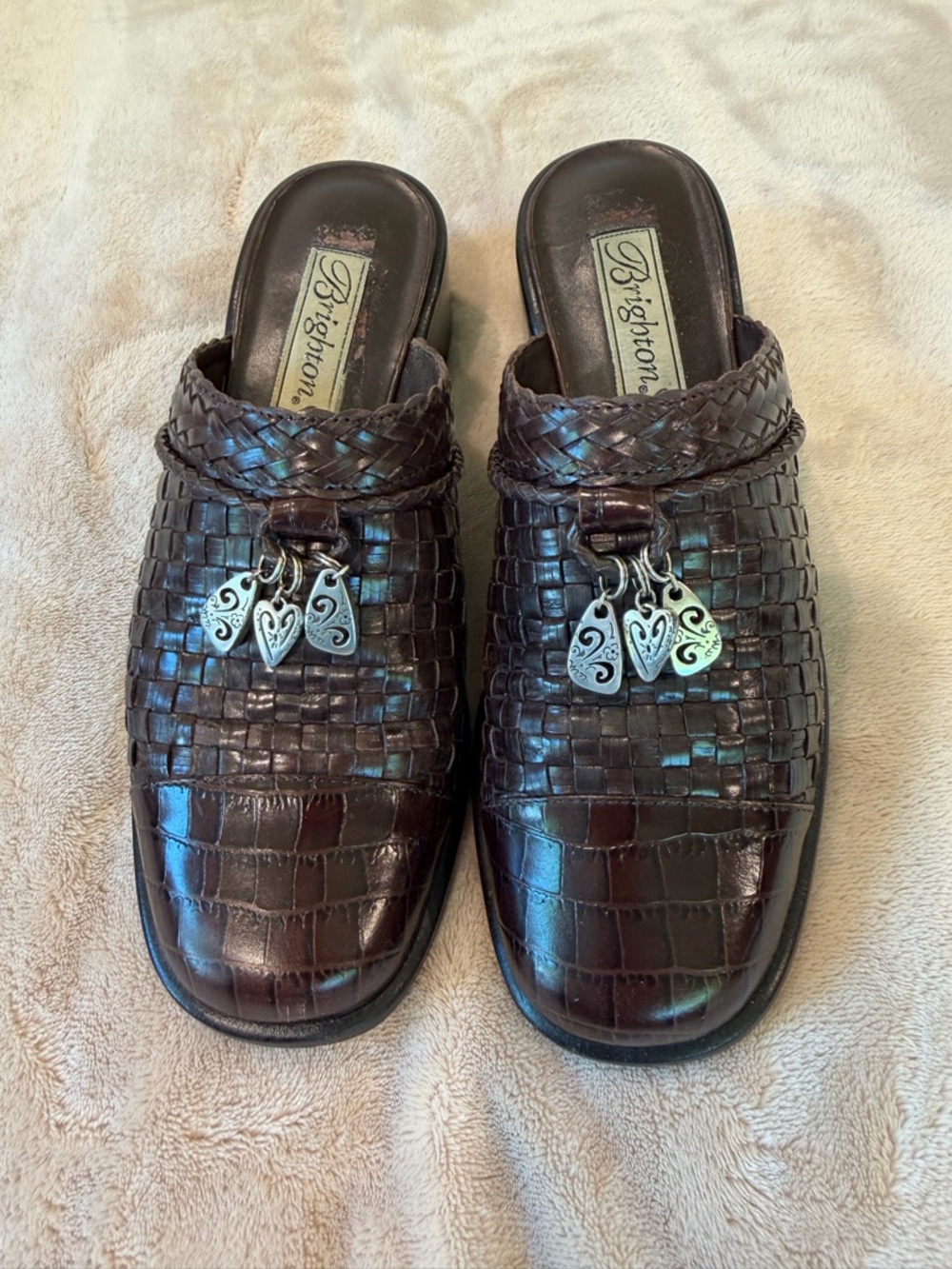 Brighton Dark Brown Woven Leather Slide Mules with Silver Heart Charms